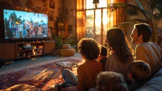 family sitting together watching a movie